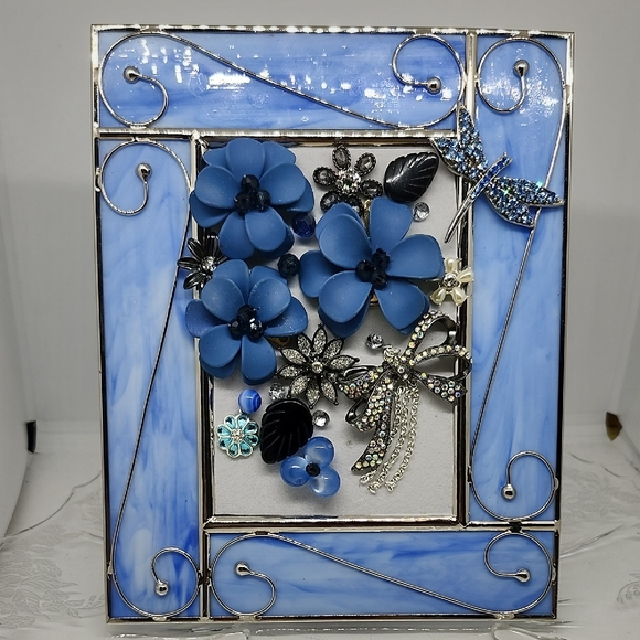Handmade Other - Blue Floral Stained Glass Frame Jewerly Art Picture